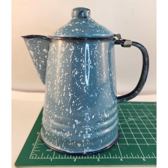 Enamelware Blue Speckled Coffee Pot Vintage Rustic Display Kitchen Decor - Picture 8 of 16